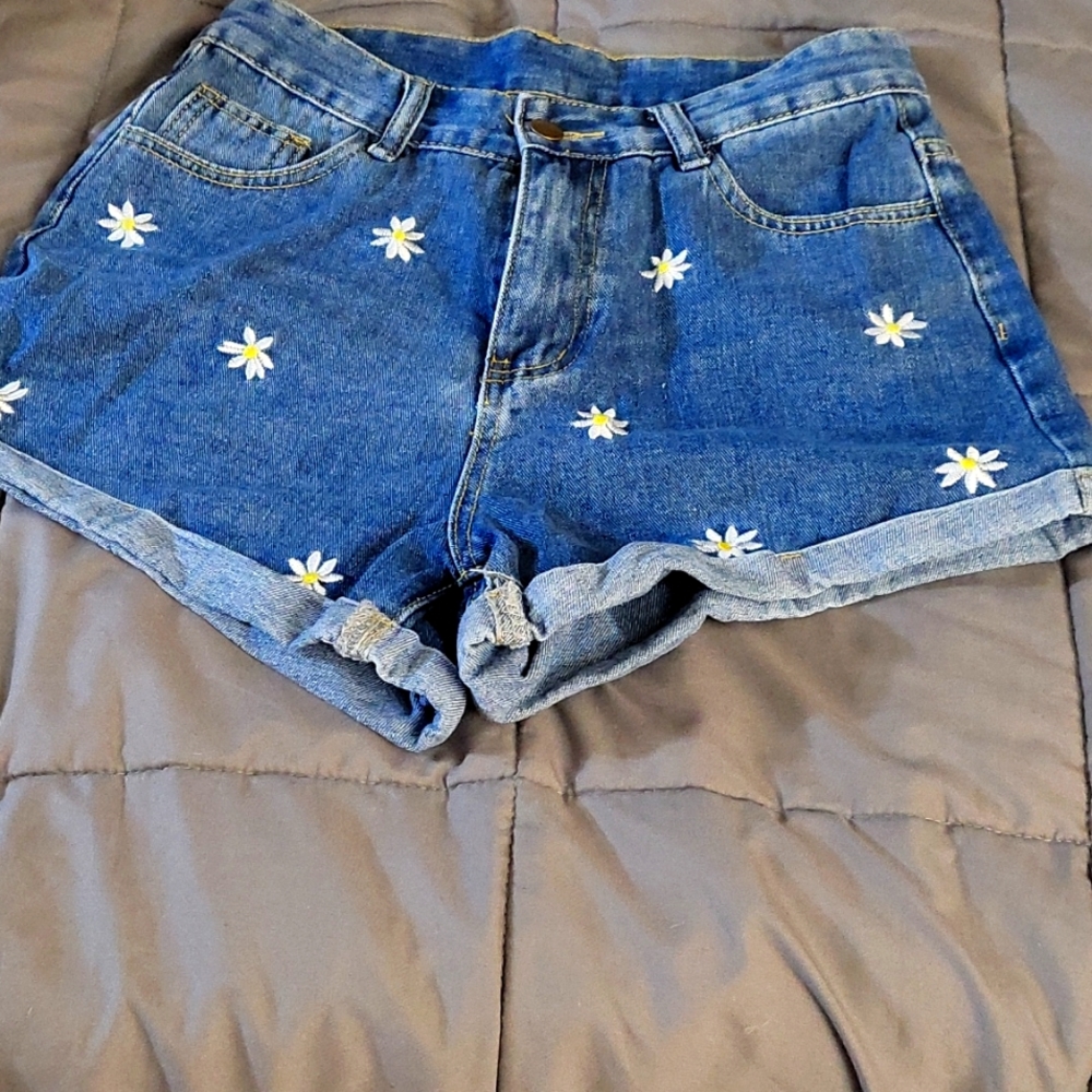 Daisy Floral Embroidery denim shorts.